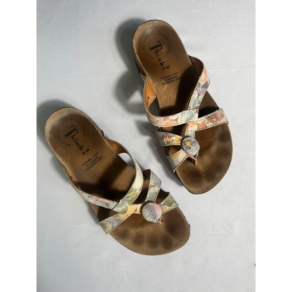 Think! Julia Multi Color Snakeskin Leather Cork Thong Sandals Womens 40 US 9-9.5